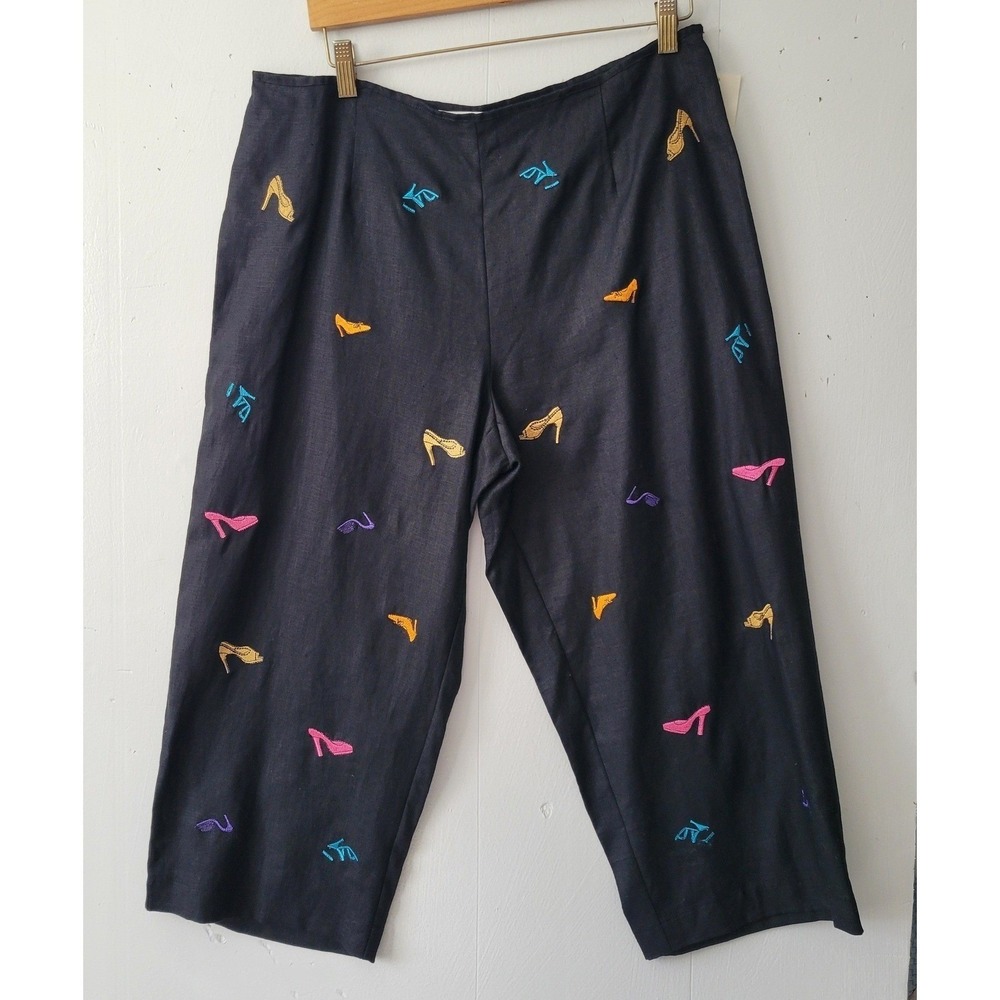 Signatures by Richard Malcolm Linen Pants Women 14P‎ Black Embroidered Heel Shoe